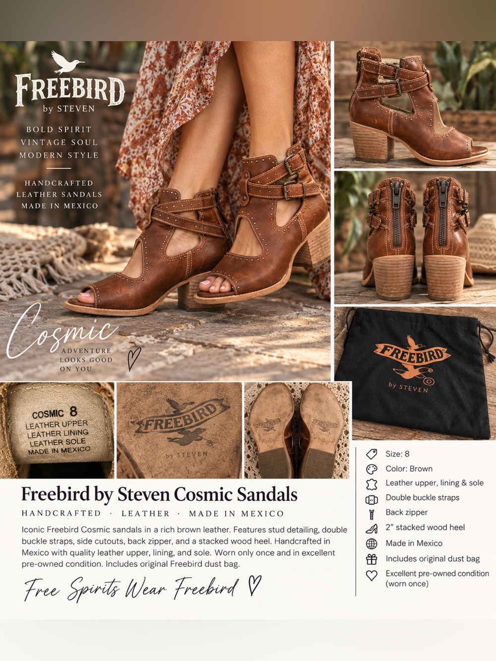 Freebird by Steven Cosmic Studded Leather Sandals Size 8 Brown | Made in Mexico - Picture 14 of 15